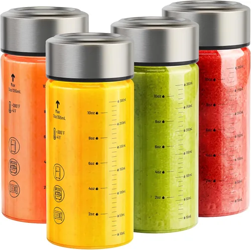 Vista 15 de Botellas de jugo de vidrio de 12 onzas – Pack de 4 botellas de agua de vidrio con tapas de acero inoxidable – A prueba de fugas, sin BPA, vidrio