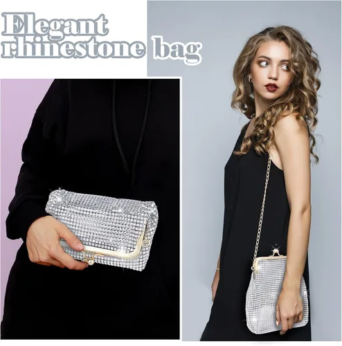 Vista 2 de QLBO Pequeño bolso plateado brillante para mujer, bolso de mano plateado con lentejuelas, bolso de mano plateado con diamantes de imitación