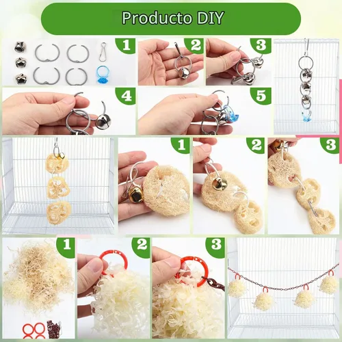 Vista 7 de QUOZUO 9 piezas de juguetes de loro, periquito para pájaros, accesorios para jaula de pájaros, cuerda de columpio, perca de madera, juguetes