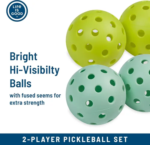 Vista 4 de Life is Good Juego de iniciación de pickleball - Incluye 2 paletas de pickleball de madera, 2 bolas de pickleball de tamaño reglamentario y bolsa