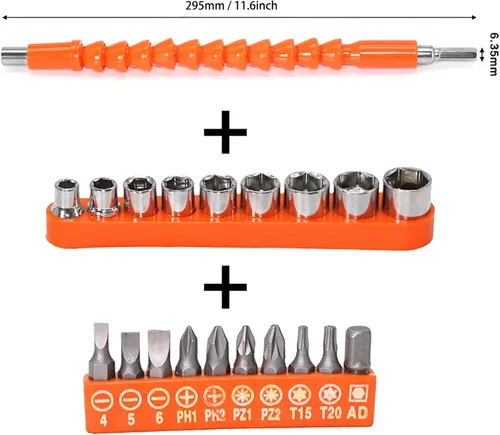Vista 2 de Juego de 21 extensiones de brocas flexibles de 11.6 pulgadas, vástago hexagonal de 1/4 pulgadas, extensión de taladro flexible universal para Naranja