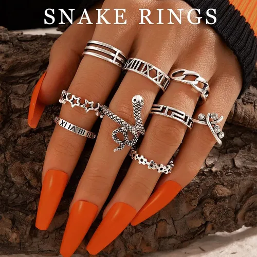 Vista 4 de FAXHION Juego de anillos de cadena punk de plata vintage para hombres mujeres y niñas anillos góticos geniales anillos de dedo de cadena gruesa