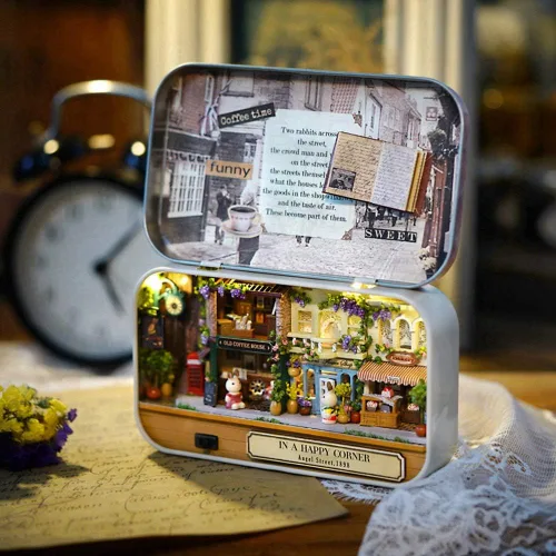 Vista 7 de Kit de casa de muñecas en miniatura con luces LED, caja de teatro, juego de construcción de modelos de arquitectura, tema de calle feliz