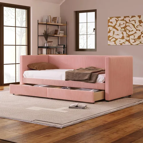 Vista 10 de Sofá cama de pana de tamaño individual con dos cajones, marco de sofá cama de madera maciza con soporte de listones de madera para dormitorio