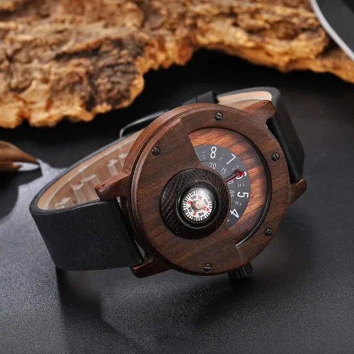 Vista 8 de GORBEN Reloj con brújula y tocadiscos de madera para hombre, elegante reloj de pulsera de madera para hombre, reloj de cuarzo ligero hecho a mano