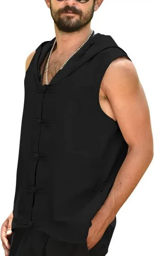 Vista 2 de Gafeng Sudadera de lino sin mangas para hombre, para verano, playa, casual, hippie, entrenamiento, con botones de rana muscular, camiseta sin mangas