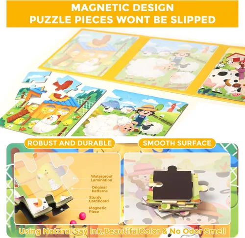 Vista 5 de Rompecabezas magnéticos para niños pequeños de 1 a 3 años, 3 en 1, divertido rompecabezas de granja, rompecabezas de viaje para niños, juguete