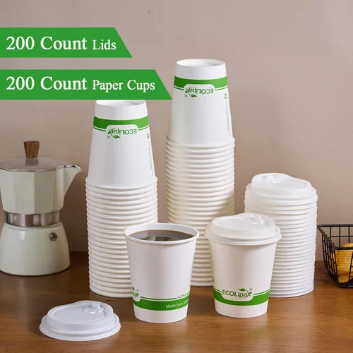 Vista 4 de ECOLipak 200 tazas de café de papel compostables de 8 onzas, tazas de café desechables biodegradables con tapa CPLA, tazas de bebida caliente 8 oz