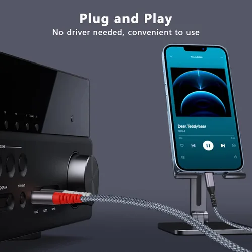 Vista 5 de [Cable auxiliar de 17 pies con certificación MF de iluminación a RCA, cable auxiliar de audio divisor en Y de 2 machos compatible con iPad, iPhone