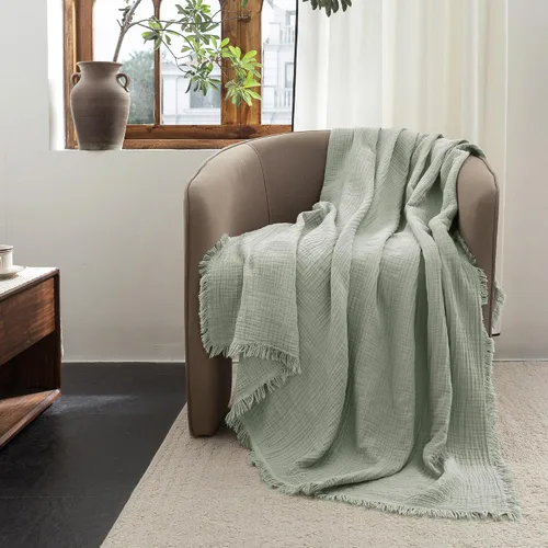 Vista 46 de FOSSA Manta de Muselina con Flecos - Gasa de Algodón 100% de 4 Capas Súper Suave y Transpirable - Manta Decorativa Ligera y Refrescante para Cama