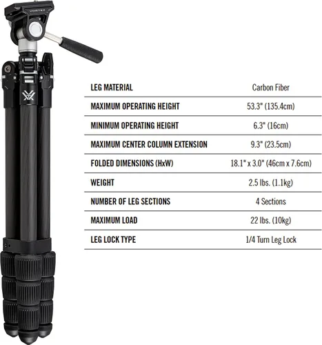 Vista 3 de Vortex Optics Summit Carbon II - Kit de trípode, diseño ligero, trípode de fibra de carbono, cabezal panorámico de 2 vías, carga máxima de 22 lb