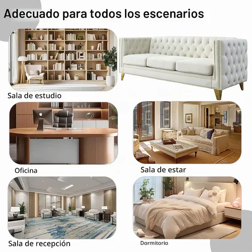 Vista 6 de Juego de 2 sofás de terciopelo beige de 81 pulgadas de 3 plazas, botones copetudos y brazo cuadrado, cabezas de uñas doradas con incrustaciones y 4