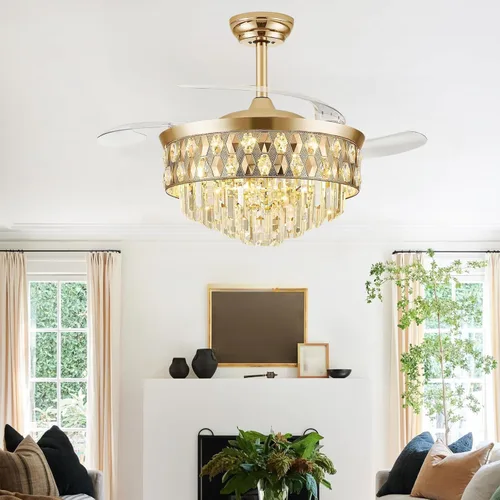 Vista 6 de Ventilador de techo de 52 pulgadas con luz, ventilador de araña, dorado K9 crystal, dimmable 3CCT LED, 6-speed quiet DC motor, memory and timer