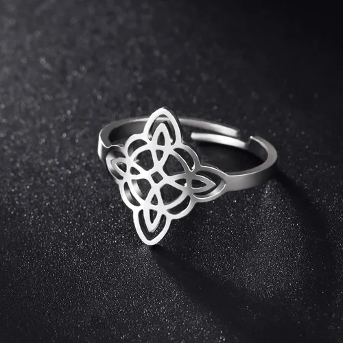 Vista 7 de Dreamtimes Anillo de nudo de bruja para mujer, de acero inoxidable, con barra abierta, ajustable, celta, cuaternario, nudo de bruja, amuleto