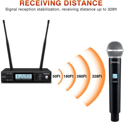 Vista 3 de Micrófono inalámbrico UHF de 4 canales, micrófonos de mano inalámbricos profesionales para cantar karaoke, iglesia, frecuencia ajustable de 4 x 100