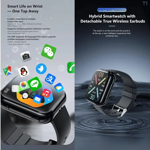 Vista 6 de Tuanzi Reloj inteligente T1 2 en 1 con auriculares inalámbricos 1.8 pulgadas HD Fitness Tracker con monitor de frecuencia cardíaca 19 modos