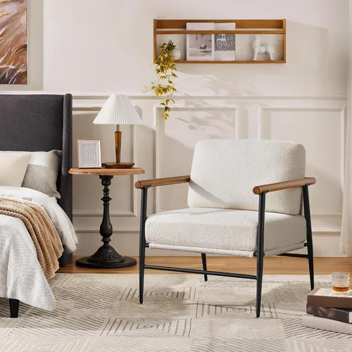 Vista 2 de Yaheetech Silla de Acento, Silla de Tocador Moderna, Silla de Salón de Tela Boucle con Marco de Metal, Almohada de Respaldo Mullida y Cojín
