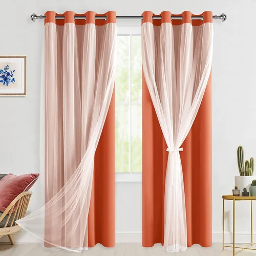 Vista 46 de Hiasan Cortinas opacas con superposición transparente, con ojales, aislamiento térmico, para mezclar y combinar, cortinas de ventana de doble capa