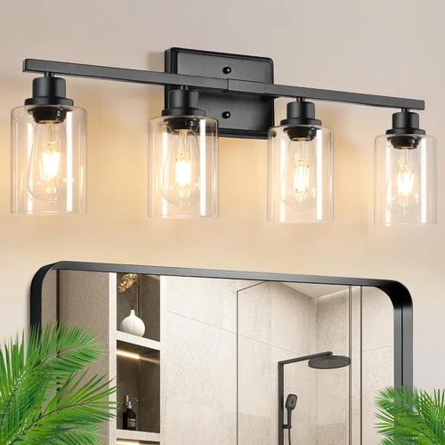 Vista 13 de Ascher Apliques de pared de 2 luces, moderna lámpara de tocador con pantalla de vidrio transparente, lámpara de pared de níquel cepillado