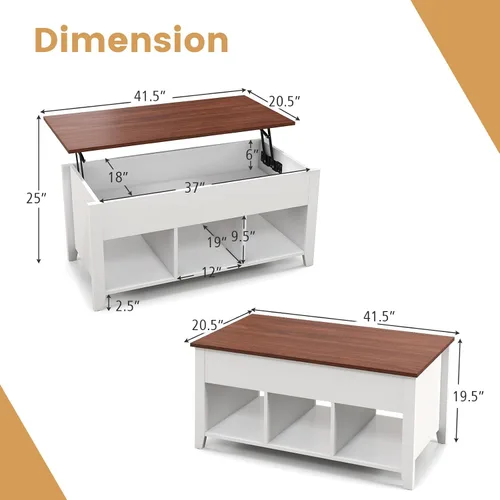 Vista 3 de Mesa auxiliar elevable, mesa de té moderna 2 en 1 con compartimento de almacenamiento oculto y 3 estantes de almacenamiento abiertos, mesa central