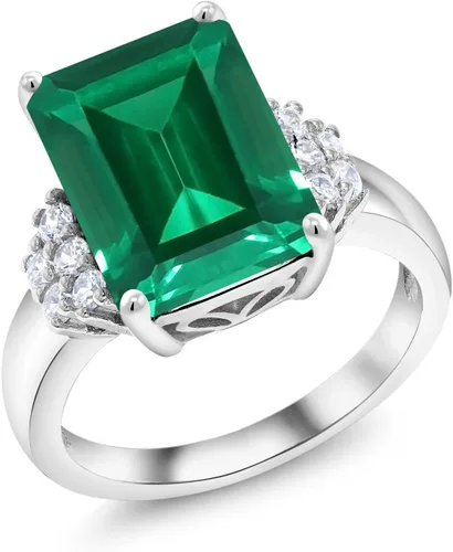 Vista 2 de Gem Stone King Anillo de compromiso para mujer de plata de ley 925, esmeralda de imitación verde