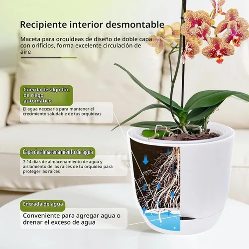 Vista 3 de Macetas de orquídeas blancas de 5.7 pulgadas con agujeros para trasplantar, macetas de plástico de doble capa de riego automático para plantas