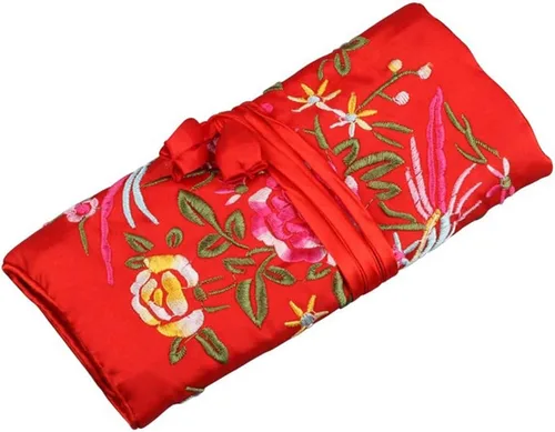 Vista 5 de Bolsa organizadora de joyas de seda oriental, estuche de almacenamiento de viaje, color rosa intenso