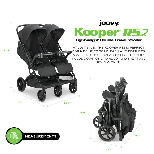 Vista 7 de Joovy Kooper RS2 - Cochecito doble ligero de viaje con bandejas dobles para aperitivos, plegado con una sola mano, asientos reclinables