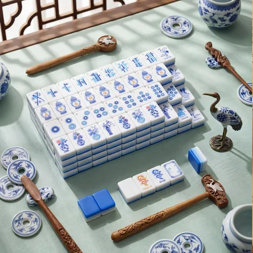 Vista 4 de Arrowbash 160 piezas American Mahjong Set 1.2 Inch Chinoiserie Azul