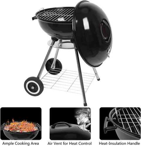 Vista 3 de Parrillas de carbón de 18 pulgadas con ruedas, parrilla de hervidor para cocinar al aire libre, barbacoa, barbacoa, parrilla de carbón con estante