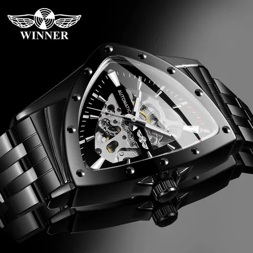 Vista 5 de FORSINING Triangle Skeleton Reloj mecánico automático para hombre, de lujo, dorado, negro, acero inoxidable, impermeable, luminoso, reloj de pulsera