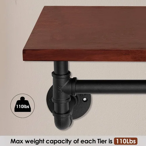 Vista 5 de ivinta HG311 - Estantería flotante de pared industrial de 1 nivel con toallero y tubo de metal para baño, sala de estar, HG311 (marrón rústico)