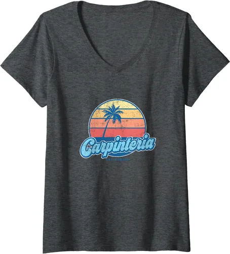 Vista 3 de Womens Vintage Carpinteria California CA Classic 70s Retro Surfer V-Neck T-Shirt