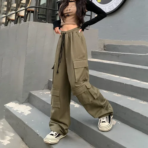 Vista 4 de Weierpidan Pantalones cargo para mujer, de cintura alta, estilo casual, con 10 bolsillos, ajuste relajado