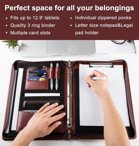 Vista 4 de Cartera de cuero personalizada con carpeta de 3 anillos, organizador de padfolio de negocios, carpeta de negocios con cremallera con portapapeles