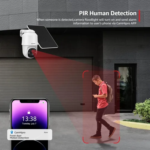 Vista 4 de BOAVISION Cámara de seguridad inalámbrica WiFi al aire libre, cámara con energía solar, inclinación panorámica, visión de 360°, detección humana