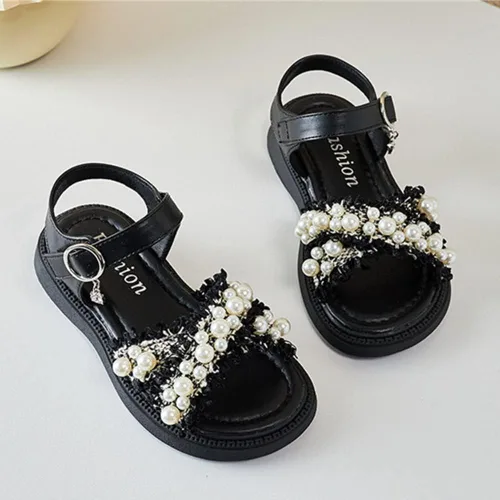 Vista 4 de BININBOX Sandalias planas de verano para niñas pequeñas y grandes, con purpurina y puntera abierta, antideslizantes, suela de goma suave, zapatos