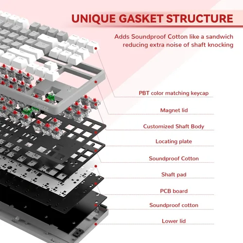 Vista 4 de Magic-Refiner AK873 Teclado para juegos, retroiluminación LED arcoíris, interruptor rojo lineal intercambiable en caliente, tecla PBT, diseño TKL