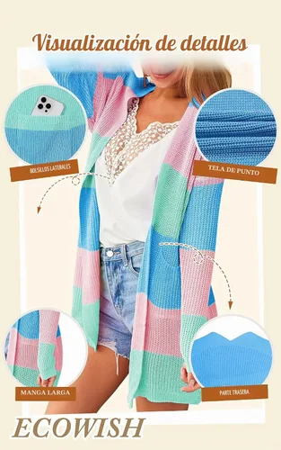 Vista 4 de ECOWISH Suéter largo para mujer, cárdigan de punto a rayas, manga larga 68 Azul