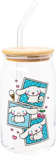 Vista 21 de Silver Buffalo Sanrio - Vaso de vidrio con tapa de bambú y sorbete de vidrio de fotos de Badtz-Maru, 16 onzas