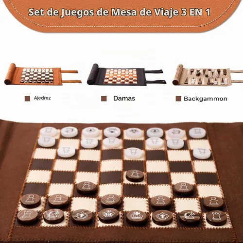 Vista 3 de Woodronic Juego de damas de backgammon de ajedrez de viaje 3 en 1, juego de backgammon de cuero enrollable con 32 piezas de perlas premium y 5 Marrón