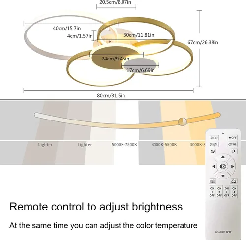 Vista 6 de OUKANING Lámpara de techo moderna LED de 65 W, regulable, con control remoto, 6 anillos, lámpara de techo empotrada, lámpara de techo dorada