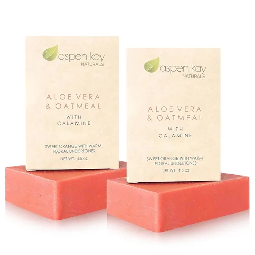 Vista 10 de Aspen Kay Naturals Barra de jabón de aloe vera y avena con calamina, ingredientes naturales y orgánicos, aloe vera orgánico y avena coloidal. Cara