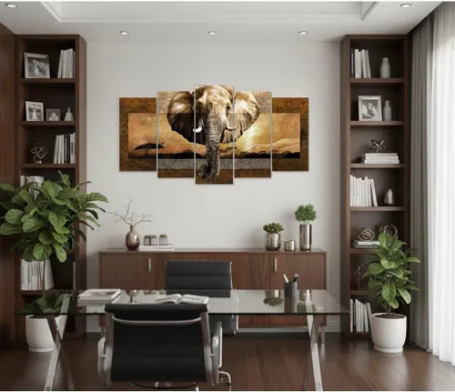 Vista 3 de iHAPPYWALL Lienzo grande de 5 piezas de elefante africano, arte de pared de animales salvajes, paisaje africano, pintura sobre lienzo