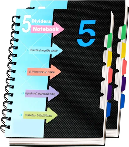 Vista 15 de CAGIE Cuaderno de 5 materias 8.5 x 11, cuadernos en espiral A4 con rayas universitarias, cuaderno en espiral con divisores y pestañas, 220 páginas