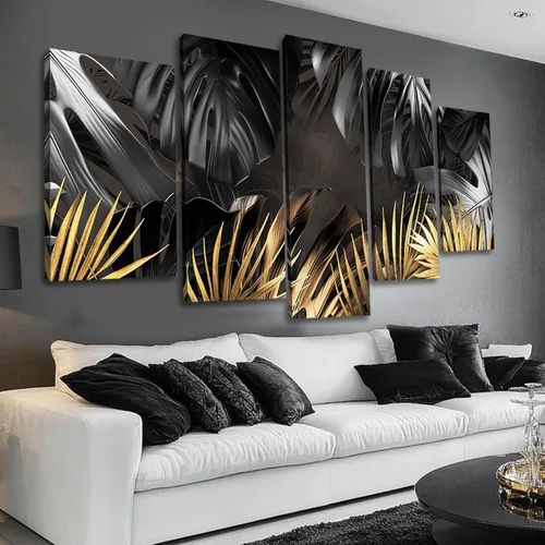 Vista 7 de Pintura de hojas negras y doradas, decoración de pared para sala de estar, arte de naturaleza en lienzo, obra de arte moderna, impresiones
