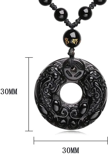 Vista 2 de Colgante valiente de obsidiana natural, cierre seguro, collar de dragón y fénix, estela de dragón chino de piedra tallada, colgante de unicornio