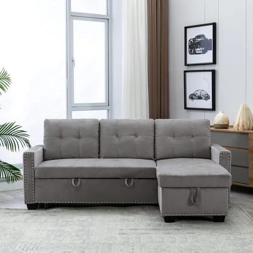 Vista 3 de Sofá modular con cama extraíble, sofá esquinero tapizado de terciopelo de 76.8 pulgadas con marco de madera maciza de 2 asientos y diván de Gris