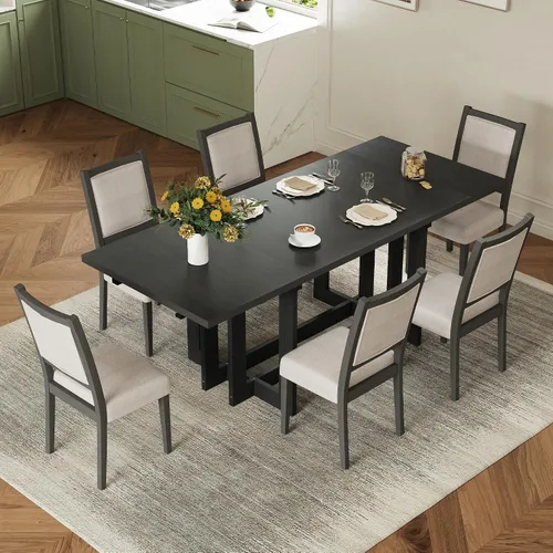 Vista 22 de Juego de mesa de comedor rústica de 6 piezas con mesa rectangular de caballete y 4 sillas tapizadas y banco, juego de mesa de comedor de cocina