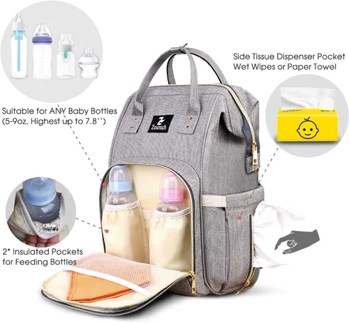 Vista 2 de ZOUNICH Bolsa de pañales, bolsas de pañales impermeables multifunción con cambiador de pañales, Gris, Compacto